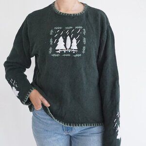 Vintage Christopher & Banks Green Hand-Embroidered Sweater Cabincore Winter L